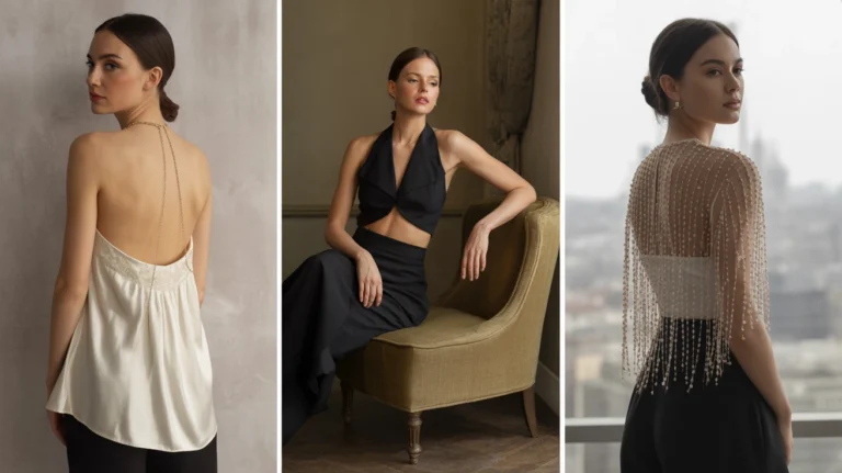 3 women wearing a backless top outfit