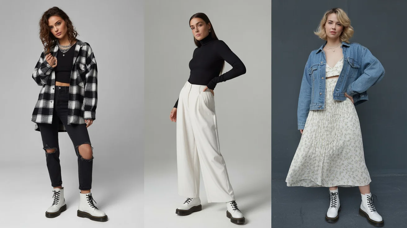 women wearing white doc martens outfit