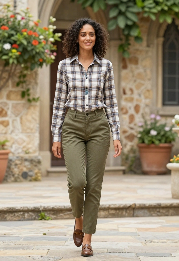 15 Simple Church Outfits for Women That Are Anything But Boring! - 13. Plaid Shirt with Chinos 1