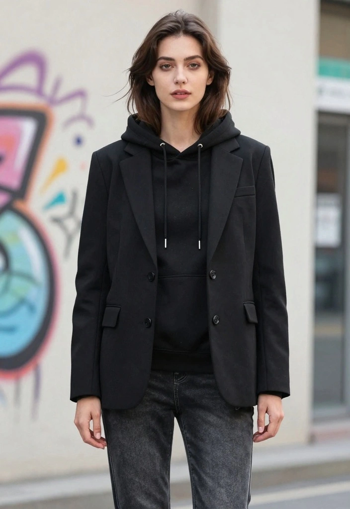 15 Trendy Black Blazer Outfits Every Woman Needs in Her Closet (Check Out #12!) - 4. Effortless Layering: Blazer Over a Hoodie 1