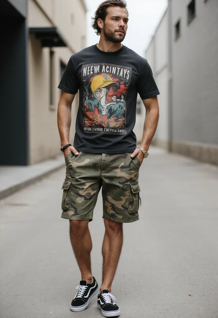 The Ultimate Collection of 10 Camo Shorts Men Outfit Trends That Are Taking Over! - 1. Casual Cool with Graphic Tees 1