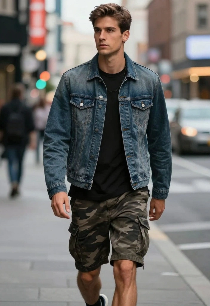 The Ultimate Collection of 10 Camo Shorts Men Outfit Trends That Are Taking Over! - 5. Layered Look with a Denim Jacket 1