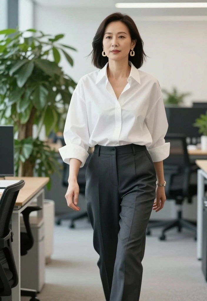 15 Stylish Casual Work Outfits for Women Over 50 That Will Make You Shine! - 11. Classic White Shirt Reinvented 1