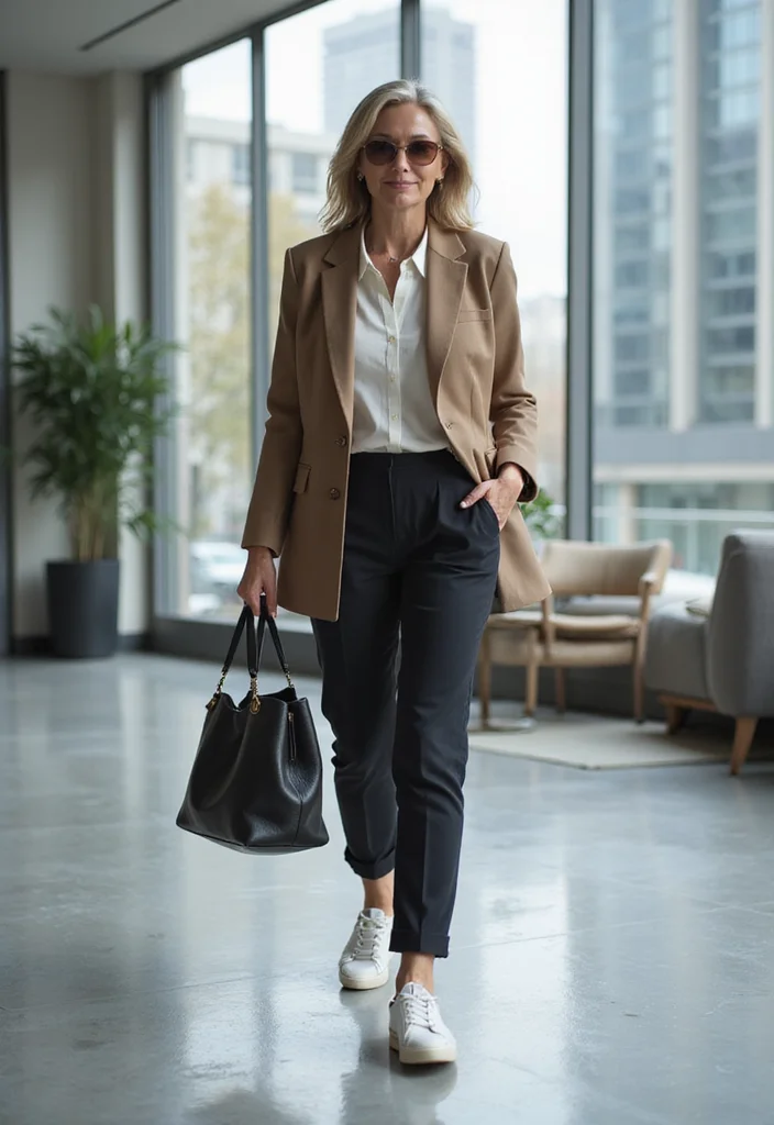 15 Stylish Casual Work Outfits for Women Over 50 That Will Make You Shine! - 9. Smart Casual with Sneakers 1