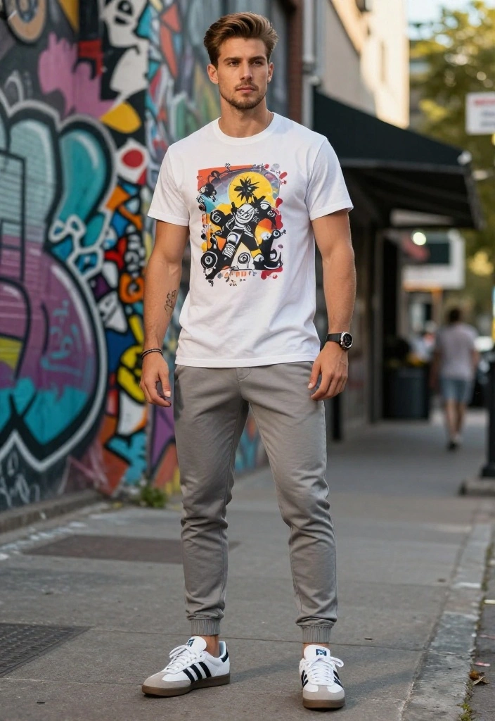 Discover the 7 Best Men Adidas Samba Outfit Combinations for Effortless Cool (Wait Until You See #3!) - 1. Sporty Casual with a Graphic Tee 1