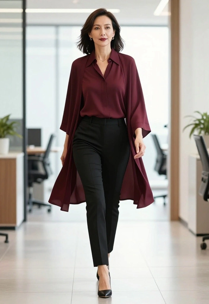 9 Fashion Over 50 Work Outfits That'll Make You Look Young and Professional! - 6. Stylish Cape Blouse with Slim Pants 1