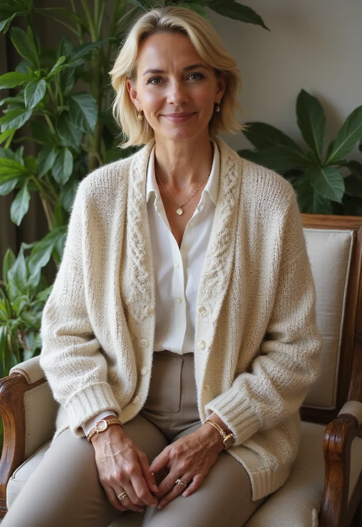 9 Fashion Over 50 Work Outfits That'll Make You Look Young and Professional! - 8. Textured Cardigan with Dress Pants 1