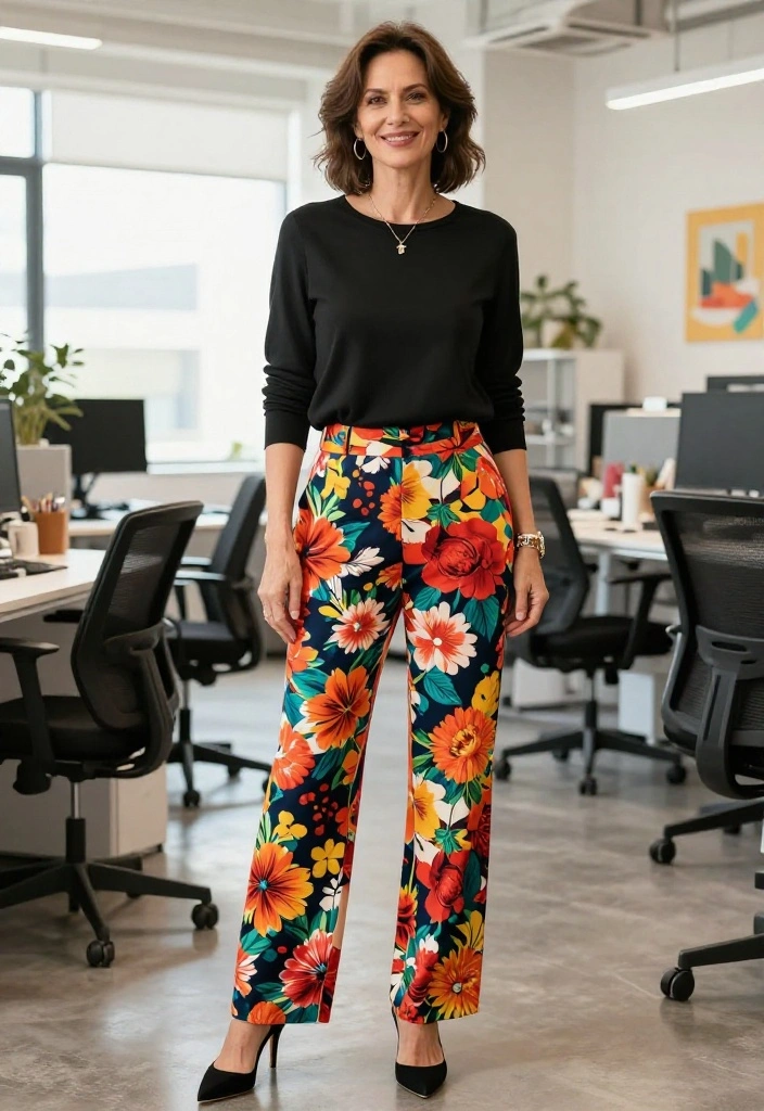 9 Fashion Over 50 Work Outfits That'll Make You Look Young and Professional! - 9. Printed Trousers with Solid Top 1